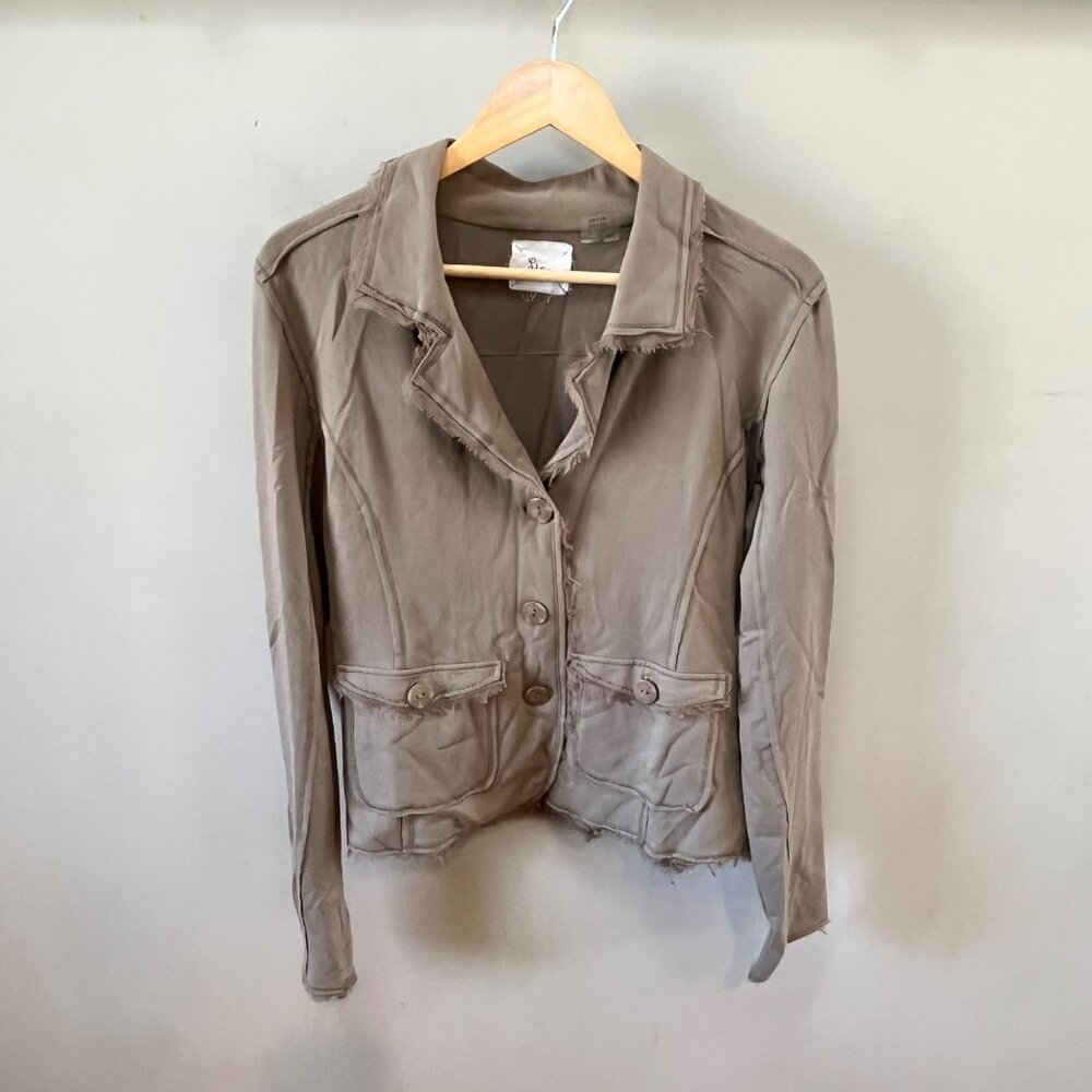 Linq Womens Taupe Button-Up Jacket‎ With Frayed Hem Cotton-Blend Material Size L